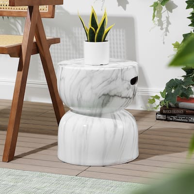 Xenia 14.75" Contemporary Modern Marble Glaze Drum Indoor/Outdoor Garden Stool, White/Gray, by JONATHAN Y