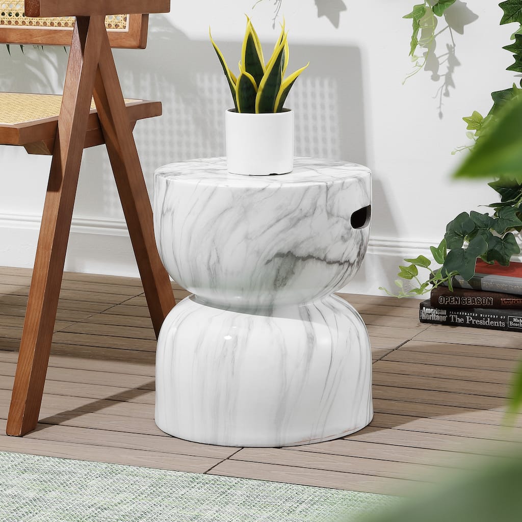 Xenia 14.75" Contemporary Modern Marble Glaze Drum Indoor/Outdoor Garden Stool, White/Gray, by JONATHAN Y