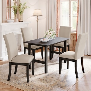 5-Piece Farmhouse Wood Dining Table Set with 4 Upholstered Chairs - Bed ...
