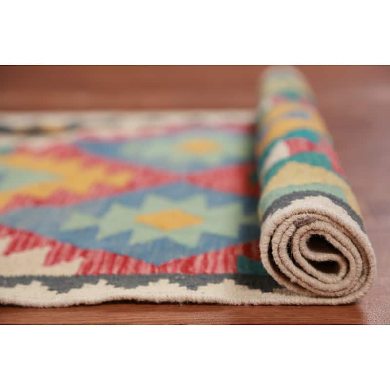 Hand Woven Oriental 100% Wool Carpet Southwestern All-Over Multi-Colored Kilim Runner Rug - 12' 10'' X 2' 9''