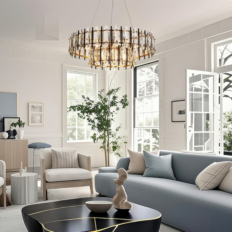 Modern Luxury 2-Tier Black Gold Crystal 10-Light Drum Chandelier for Dining Living Room - Dia. 32.3" x H 11.4"