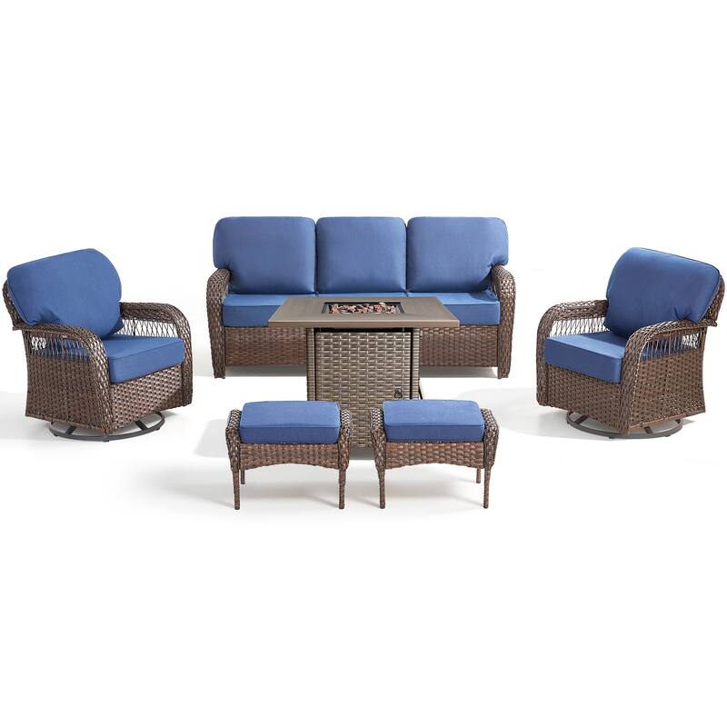 Pocassy Patio Outdoor Fire Table with Sofa Swivel Chair Funiture Set.