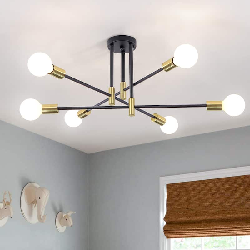 6-Light Modern Semi Flush Ceiling Lights for Bedroom Study Living Room - Black+Gold