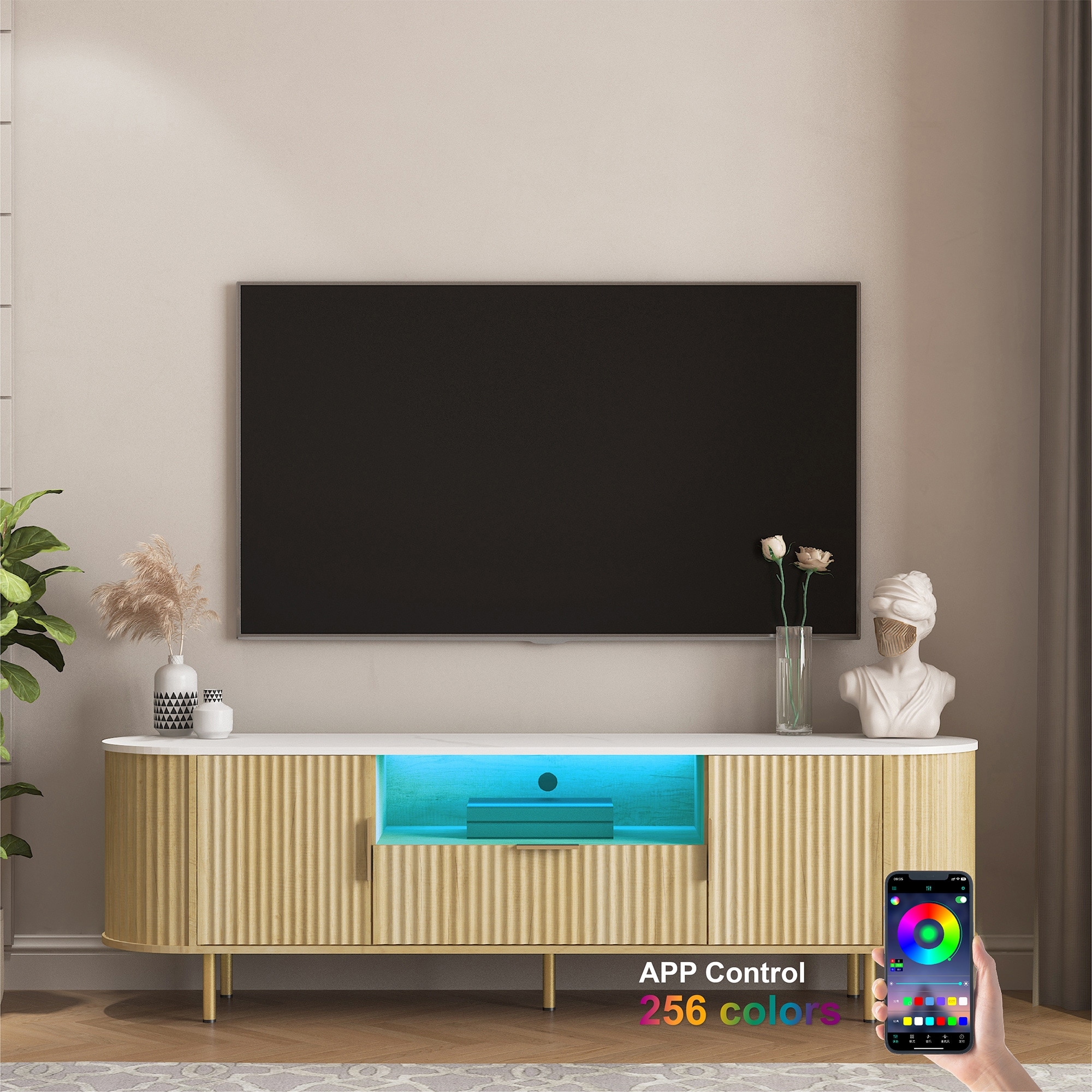 Fluted TV Stand with 16 Color LED Lights, Living Room Entertainment Center TV Console Media Cabinet for 55+ Inch TV