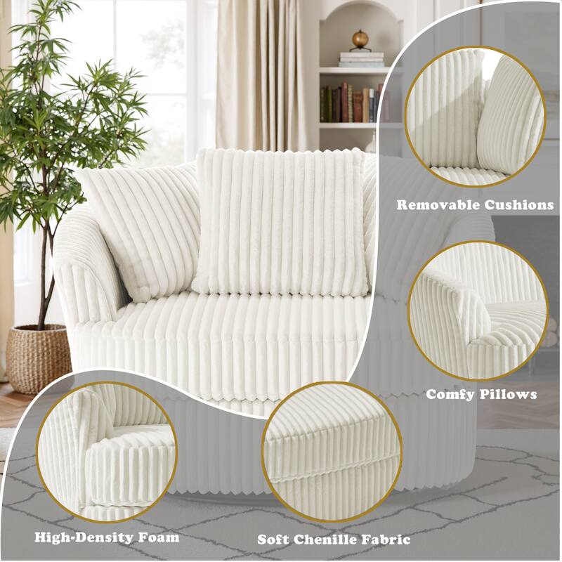 Oversized 43" W Plush Corduroy Swivel Barrel Chair with Pillows