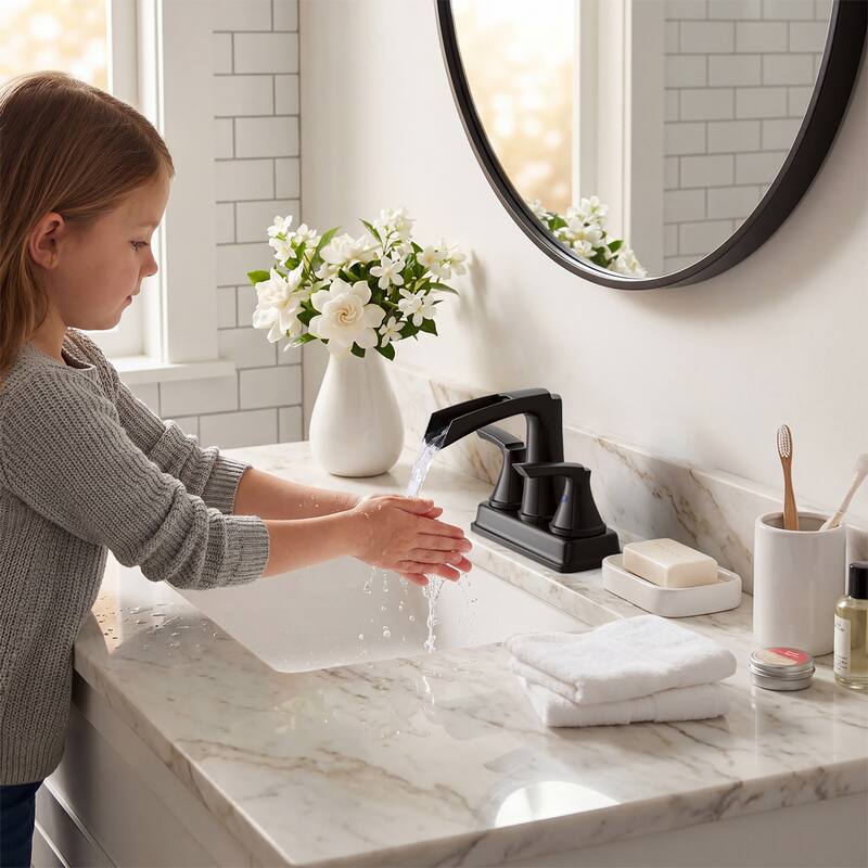 4 in. Centerset Double Handle Waterfall Bathroom Faucet with Pop-up Drain Kit Sink Vanity Basin Taps