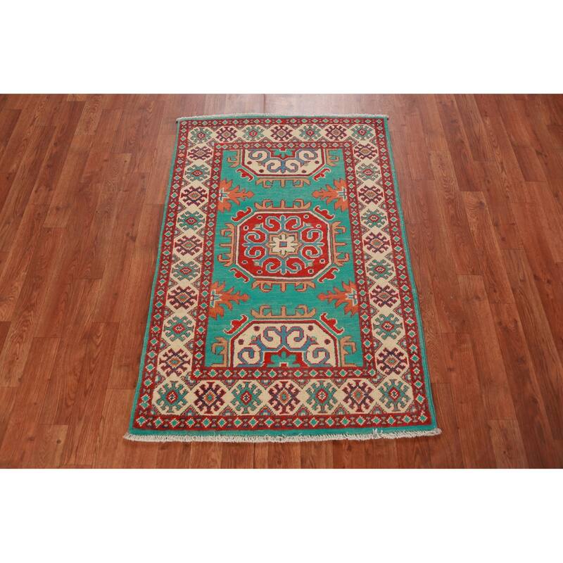 Turquoise / Green Kazak Foyer Rug Geometric Handmade Wool Carpet - 2'9"x 4'0"
