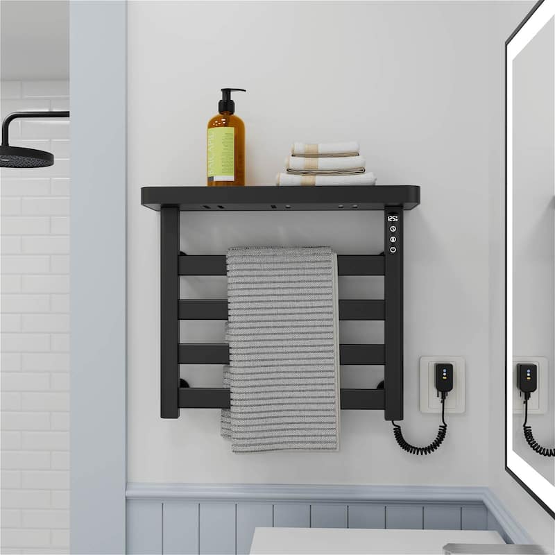 4-Bar Smart Electric Towel Warmer Wall-Mounted with Adjustable Temperature, Timer, Touch LED Display & Shelf