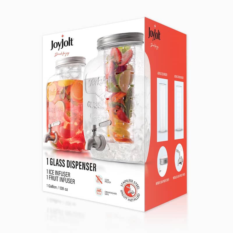 JoyJolt Glass Drink Dispenser with Spigot & Fruit Infuser - 1 Gallon - 8' x 11'