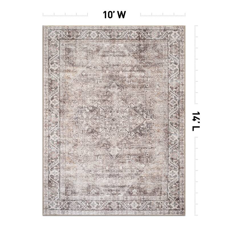 Beige Classic Washable Rug - Flat Pile, Non-Slip, Versatile for Any Room