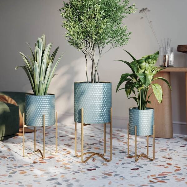 Mid-Century Modern Rhys Honeycomb Embossed Planter Pot with Ambrose Stand,  Metal Indoor Plant Pots - Bed Bath & Beyond - 38324646