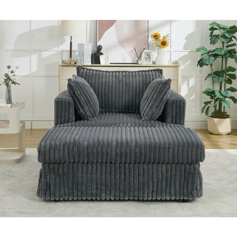Oversized Corduroy Reclining Chair Deep Seat Armchair Single Thickened Upholstered Sofa with Pillow and Ottoman