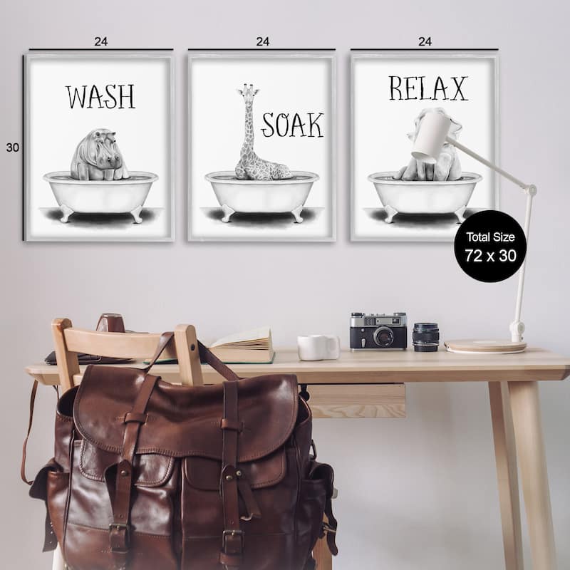 Stupell Wash Soak And Relax Jungle Animal Bath Tub, 3pc Multi Piece Framed Wall Art Set, 3pc Set