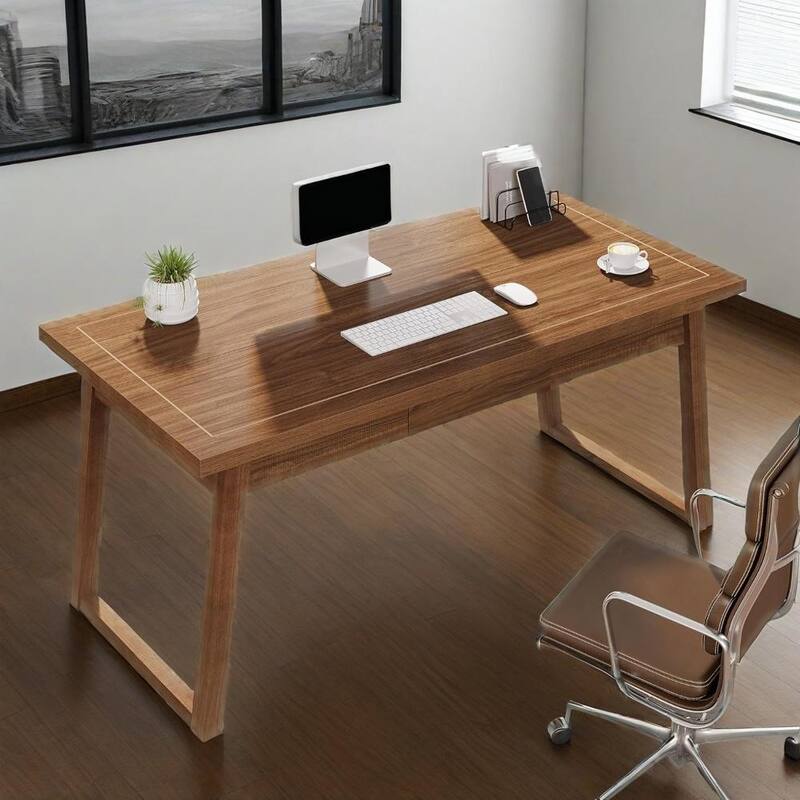 55" Mid-Century Modern Walnut Brown Office Desk with Drawer Solid Wood Legs & Wood Grain Veneer Computer Table