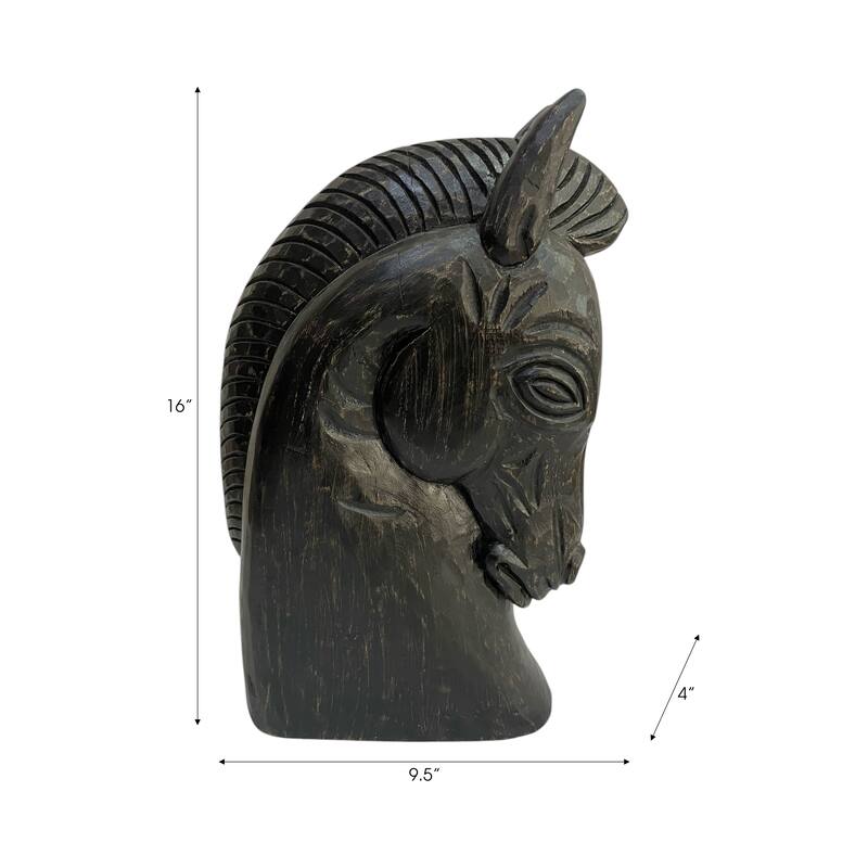 Mango Wood Trojan Horse Head Sculpture Rustic Finish - 16" Black - 9.5" x 4" x 16"