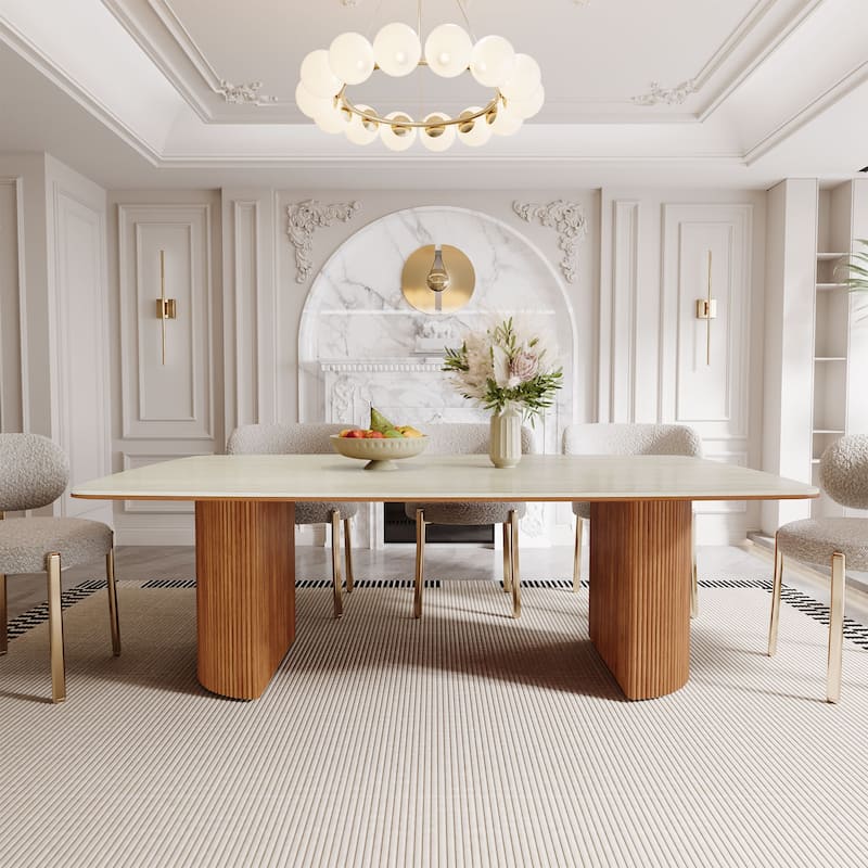 78.8-inch Large Dining Table with Travertine Slab Top for Kitchen Dining Room