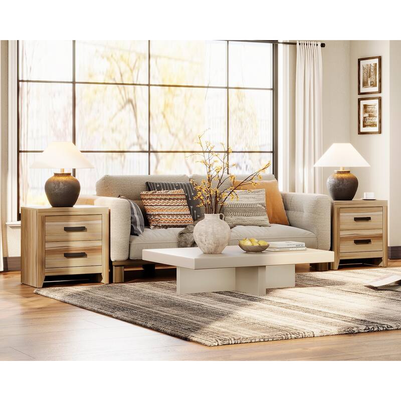 WAMPAT Farmhouse End Table with 2 Storage Drawers - Rustic Brown Accent Table for Bedroom & Living Room - Two-tone-2PCS