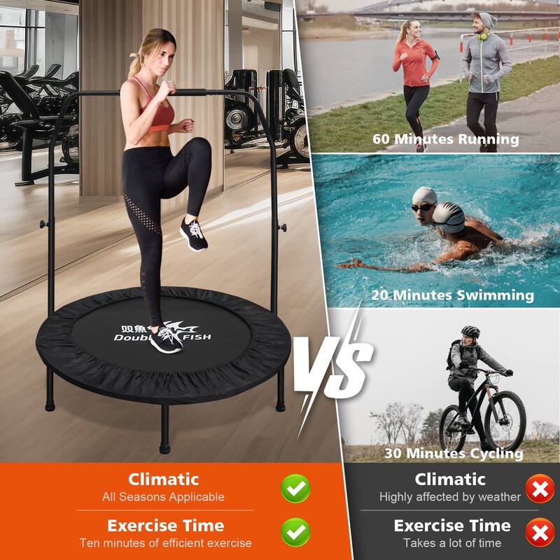 DOUBLE FISH Mini Trampoline - Adjustable Foam Handle, 400Lbs Capacity, Black Rectangular, Fitness Rebounder - 11