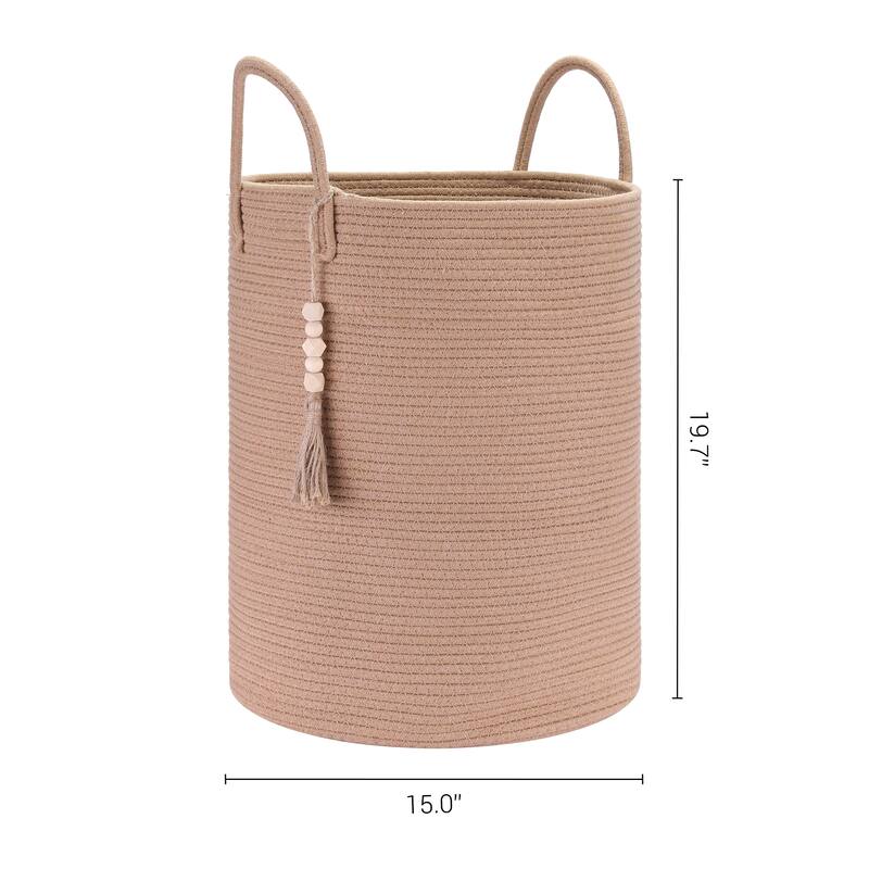 Woven Storage Bin with Handle and Tassel Beads, Storage Basket Organizer Bin for Blankets, Clothes, Shoes - 19*15in - Coffee