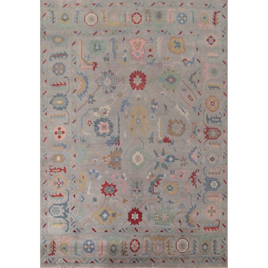 All-Over Gray Oushak Oriental Area Rug Hand-Knotted Wool Carpet - 9'0" x 11'8"