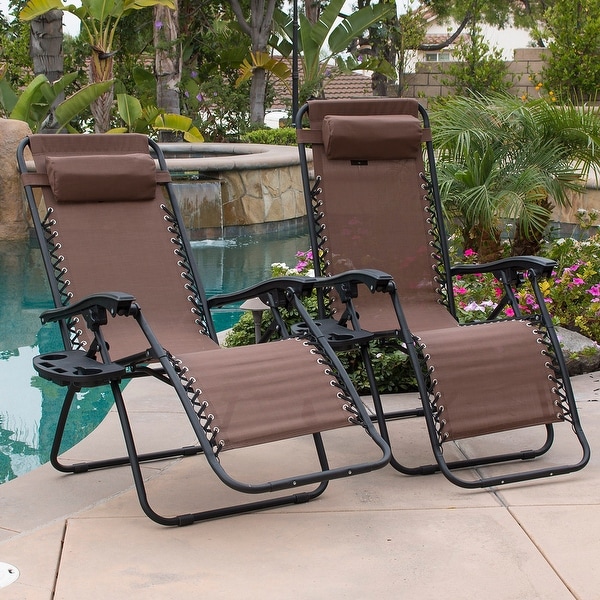 Heavy Duty Design with Mobile and Cup Holding Tray Garden Patio Foldable Reclining Chairs Set of Two Zero Gravity Reclining Sun Loungers In Brown