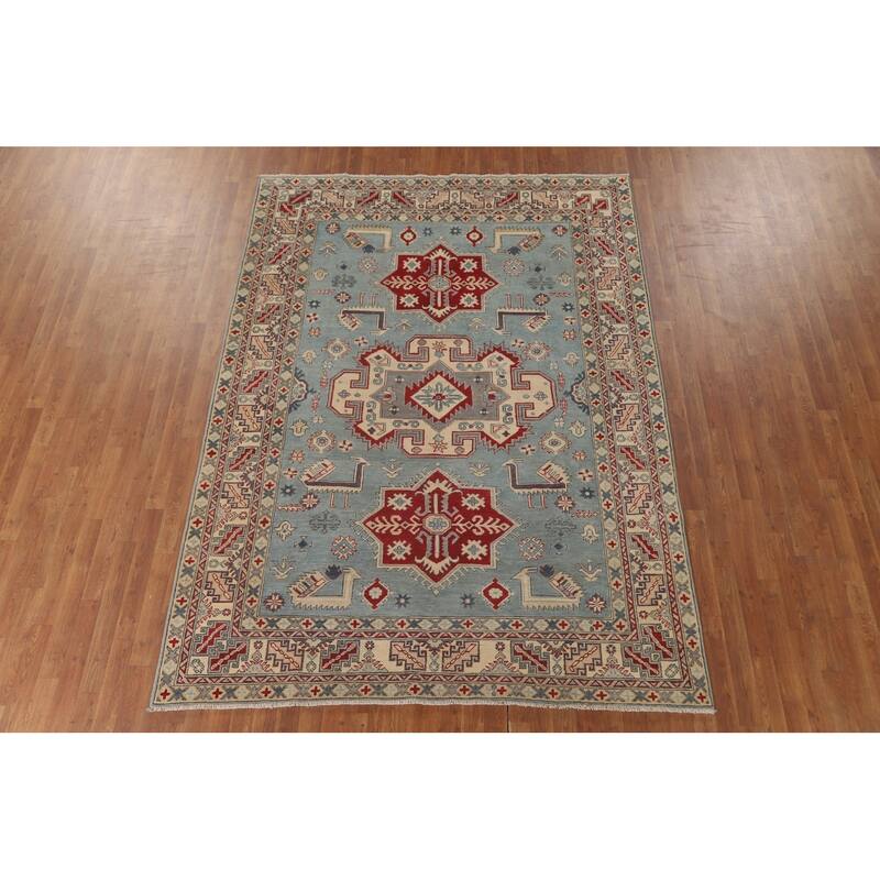Light Blue Kazak Area Rug Handmade Traditional Wool Carpet - 6'9" x 9'2"