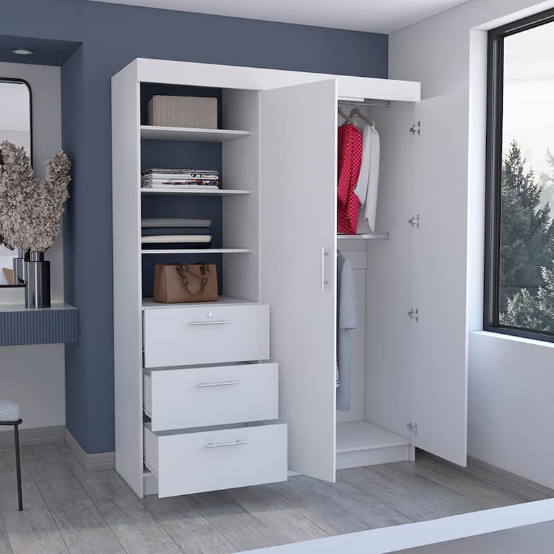 20.4" Modern Double-door Armoire with Hanging Rods, 3 Drawers and 3-Tier Shelf