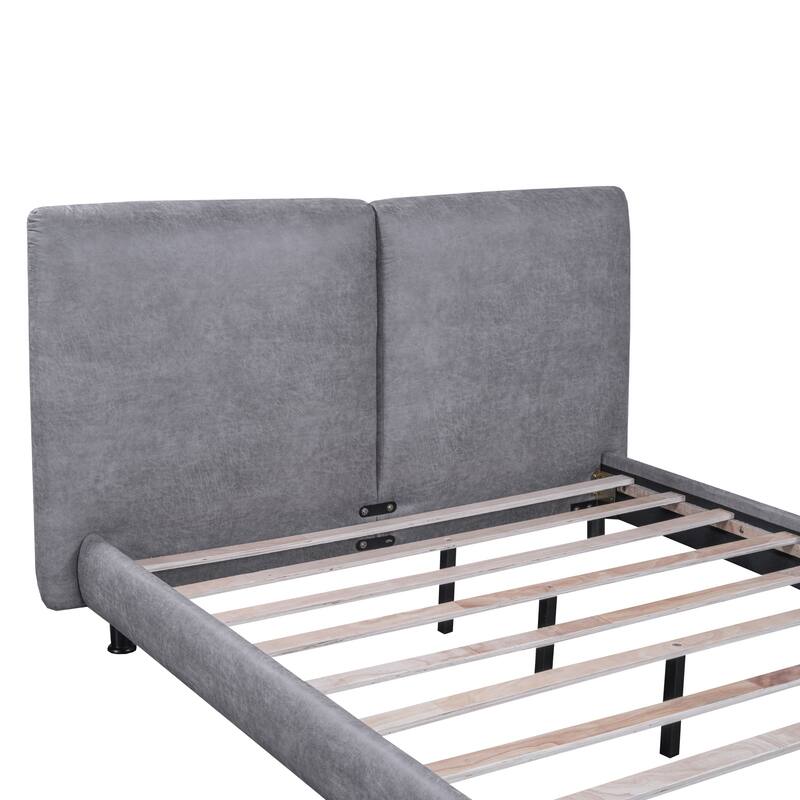 Queen Size Upholstered Platform Bed with Two Large Headrests and Thick Fabric