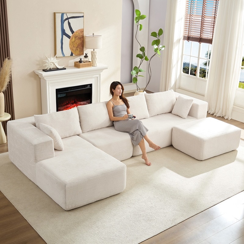 Minimalist 135" Oversized Modular Sofa, 4-Pieces Free Combination, No Assembly Required - U-Shaped Sofa - Beige - Reversible