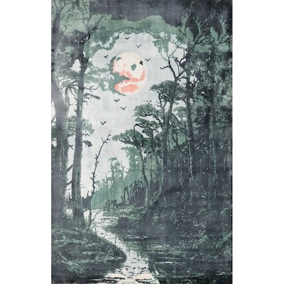 Hand Knotted Oriental Viscose Silk Carpet Modern Pictorial Green Abstract Area Rug - 7' 10'' X 5' 9''