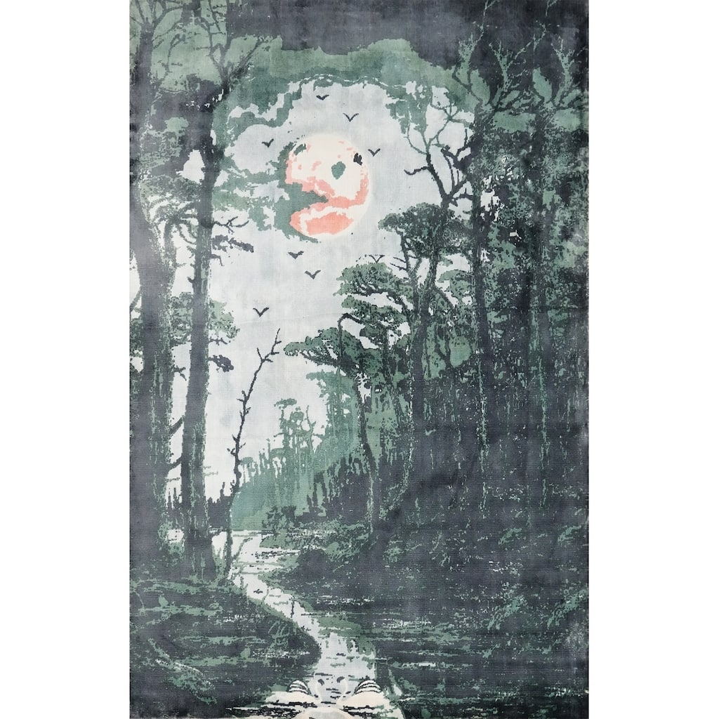 Hand Knotted Oriental Viscose Silk Carpet Modern Pictorial Green Abstract Area Rug - 7' 10'' X 5' 9''