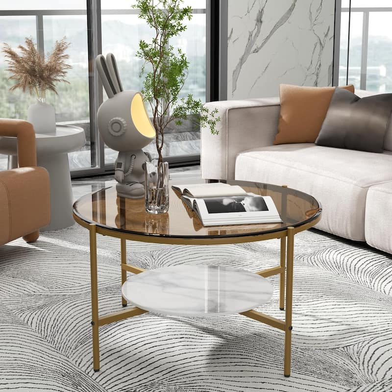 2-Tier Round Coffee Storage Table with Tempered Glass Top and Sintered Stone Accent Table