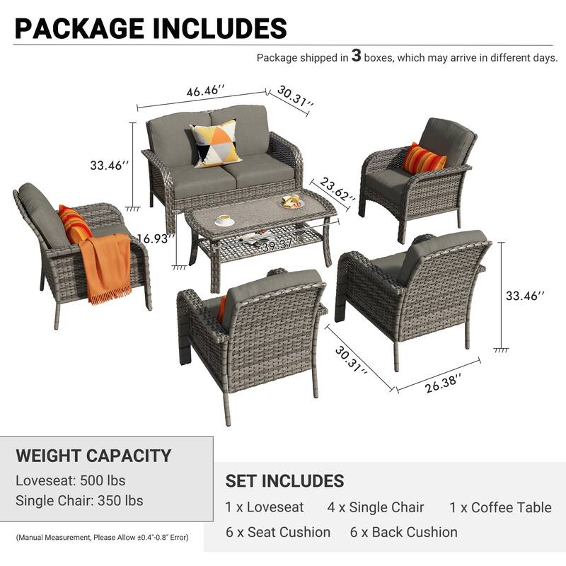 XIZZI 6-Piece Outdoor Wicker Patio Furniture Chairs Set with Coffee Table