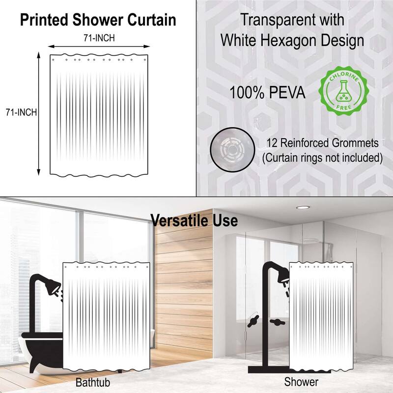 Transparent PEVA Shower Curtain - White Hexagon Design - 71x71 Inches