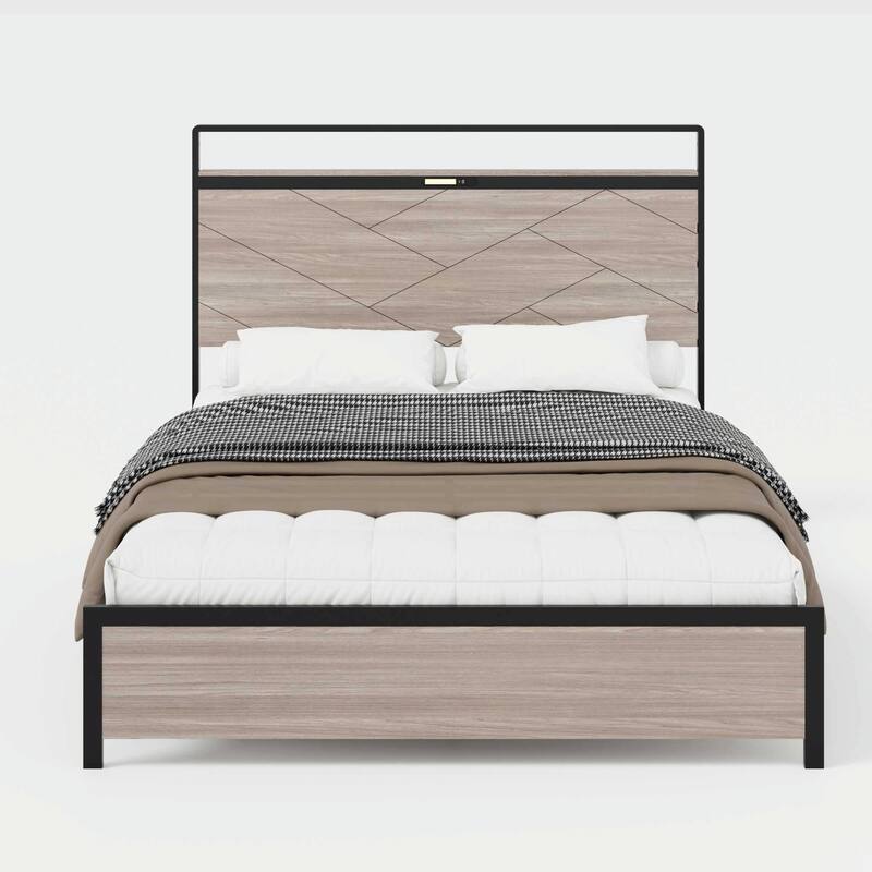 Wooden Platform Bed Frame with Storage, LED Light Headboard and 2 USB Ports, No Noise