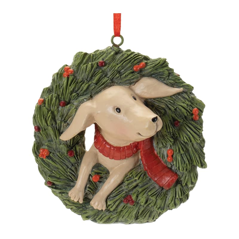 Playful Cat and Dog in Pine Wreath Ornament (Set of 4) - N/A