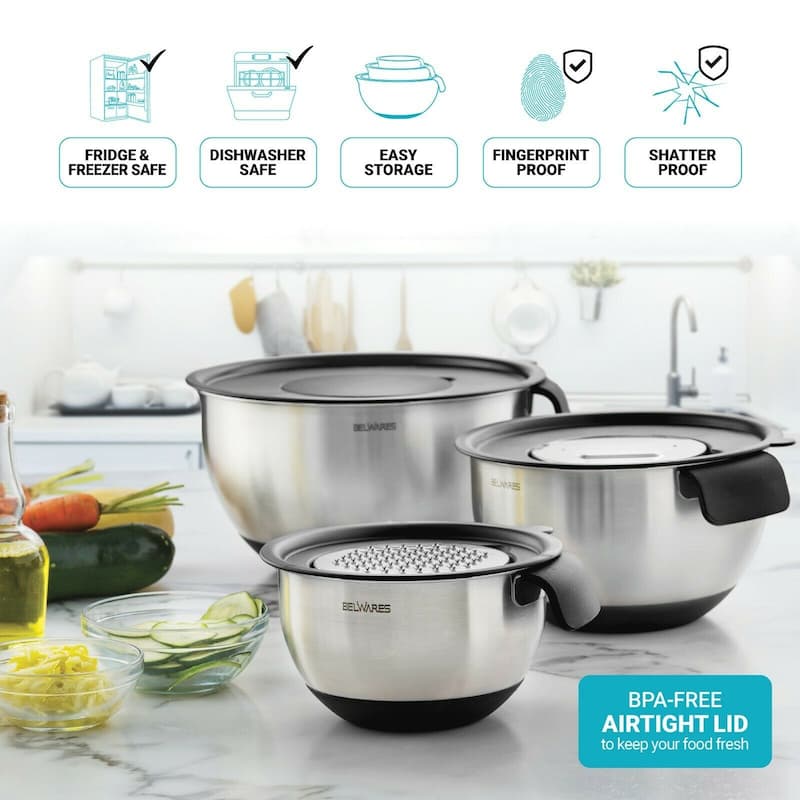 Stainless Steel Mixing Bowls Set of 3, with Lids & Graters,