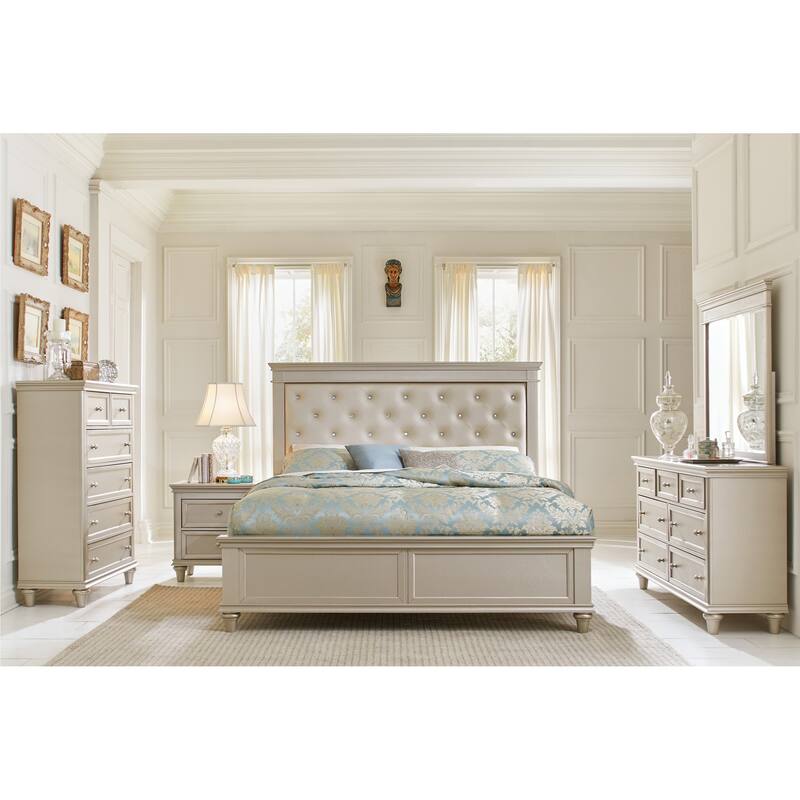 Silver Nightstand, Textural Drawer Fronts, Polished Knobs, Modern Traditional Design