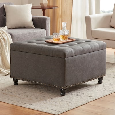 Large Square Tufted Upholstered Storage Ottoman Bench