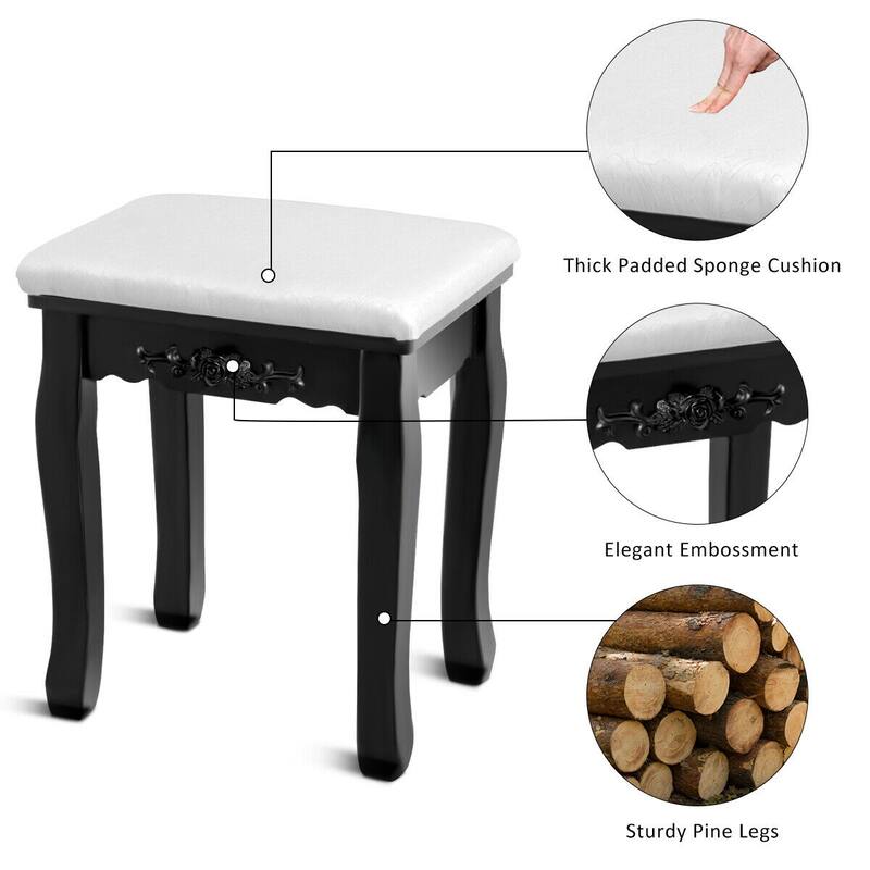Gymax Vanity Jewelry Wooden Makeup Dressing Table Set W/Stool Mirror &