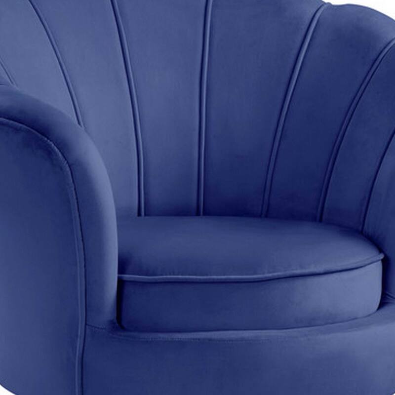 Lotus 34 Inch Barrel Accent Chair with Scalloped Back, Padded, Blue Velvet