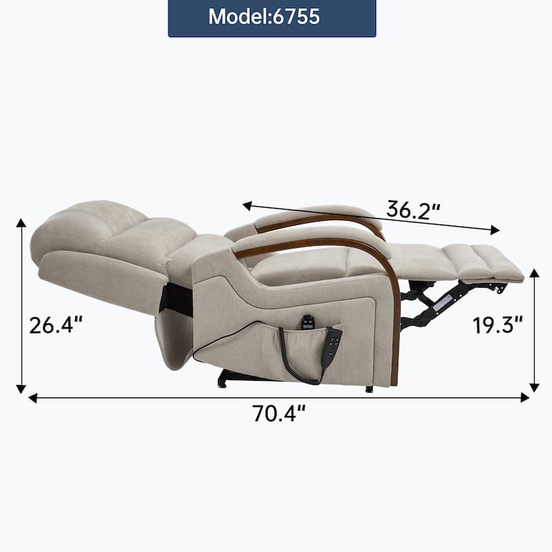 Chenille Power Lift Recliner Chair with Heat & Massage, Infinite Position Electric Recliner with Wood Armrests & Side Pockets