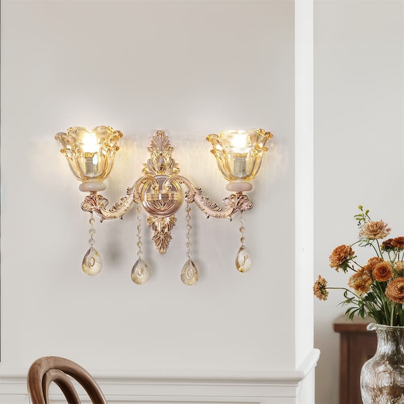 Antique Gold Crystal Wall Sconce Glass Flower Lampshade with Beveled Clear Crystals - Gold & Amber-tinted Crystals