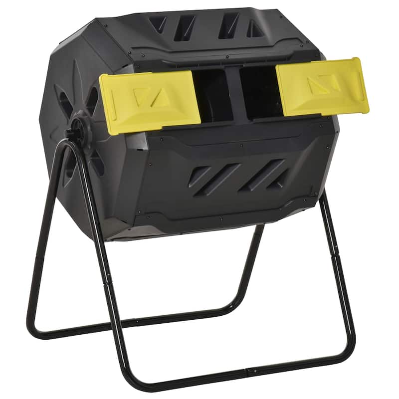 Outsunny Tumbling Compost Bin Outdoor Dual Chamber 360-deg Rotating Composter 43 Gallon w/ Sliding Doors & Solid Steel Frame
