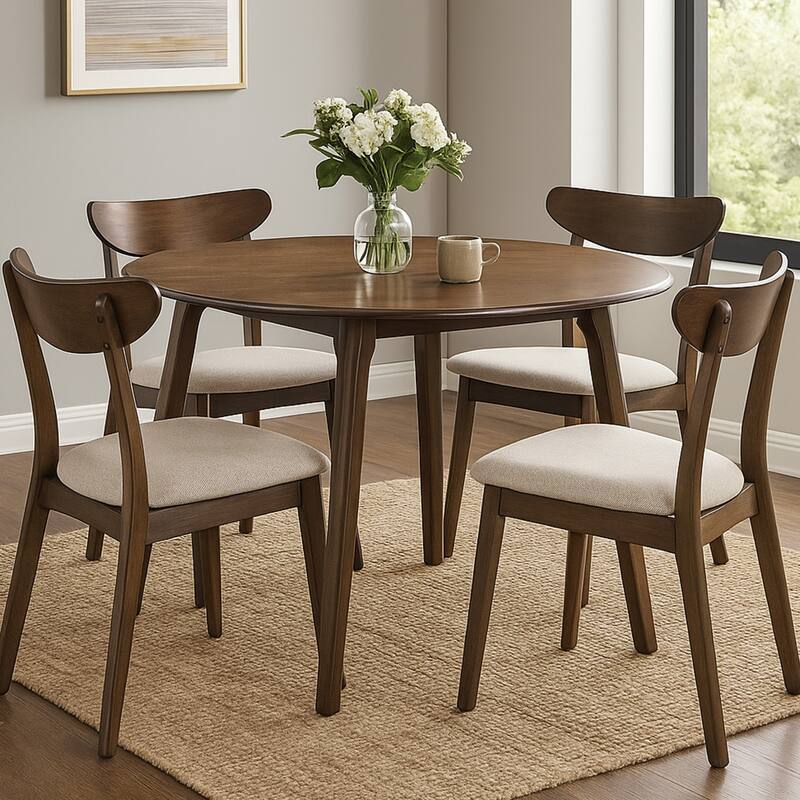Koko Dining Table, 48 Inch Round Top, Dark Walnut Brown Rubberwood