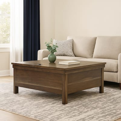 Chip Lift Top Coffee Table, Hidden Storage, 36 Inch Brown Acacia Wood