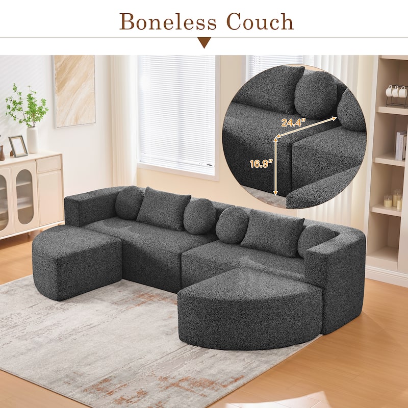 Curved Modular Sectional Boneless Upholstered Sofa Convertible Sleeper Sofa Bed, Free Combination, Boucle Deep Seating Sofa