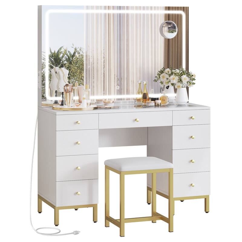 Moasis 9-Drawer Makeup Vanity Set with Stool and Mirror, Glass Top Vanity Desk with LED Lights - White