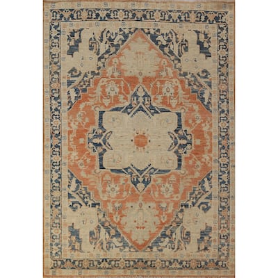 Orange & Blue Heriz Serapi Vegetable Dye Rug Hand-Knotted Wool Carpet - 5'5"x 7'7"