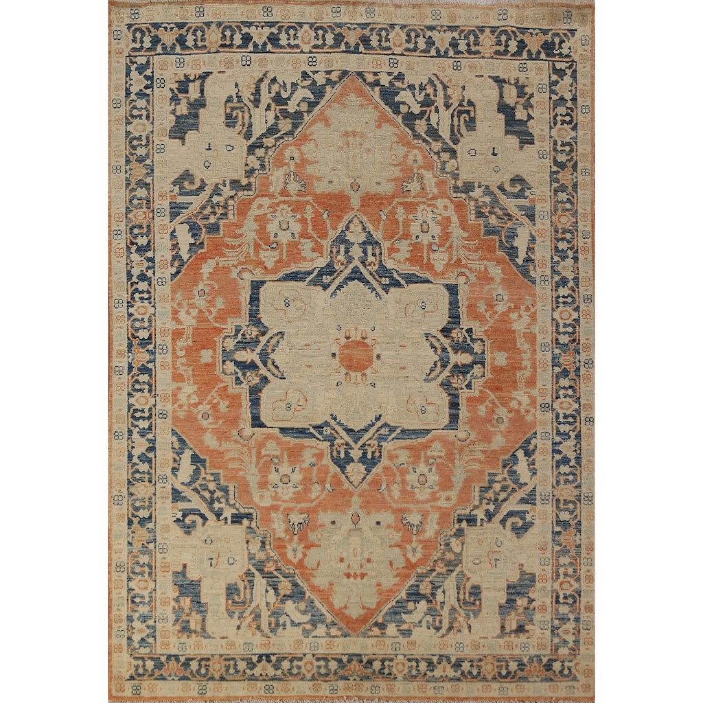 Orange & Blue Heriz Serapi Vegetable Dye Rug Hand-Knotted Wool Carpet - 5'5"x 7'7"